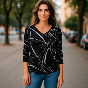 Clara Sun Woo Women’s Top Black White Abstract Print V-Neck 3/4 Sleeve Tunic M